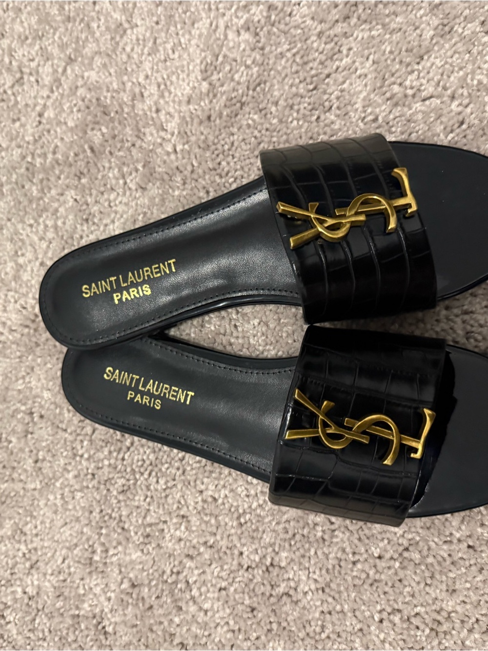 Saint Laurent Black Croc-Embossed Patent Slide Sandals with Gold YSL Hardware - Picture 4 of 4